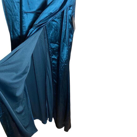 Lulus Maxi Dress Womens XL Satin Stunning Arrival Dark Teal Off The Shoulder NWT - Picture 9 of 14